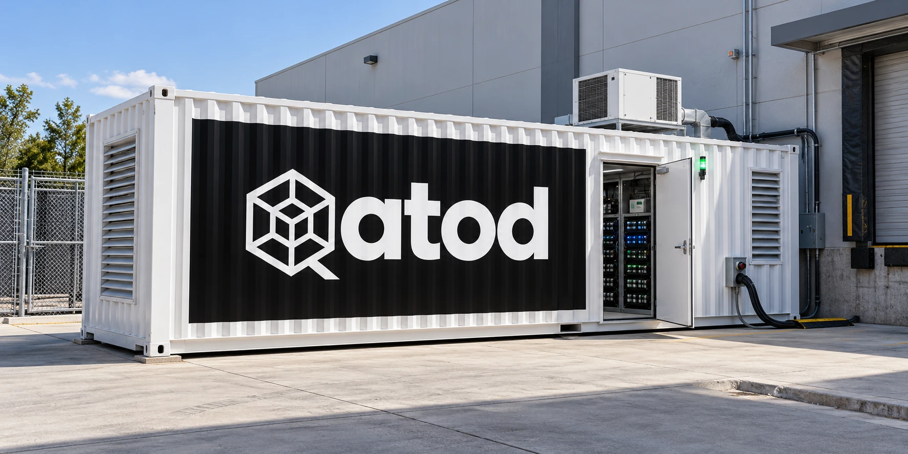 Concept render of a Qatod pod: a white shipping-container lab carrying the Qatod logo, plugged in beside a warehouse loading dock.