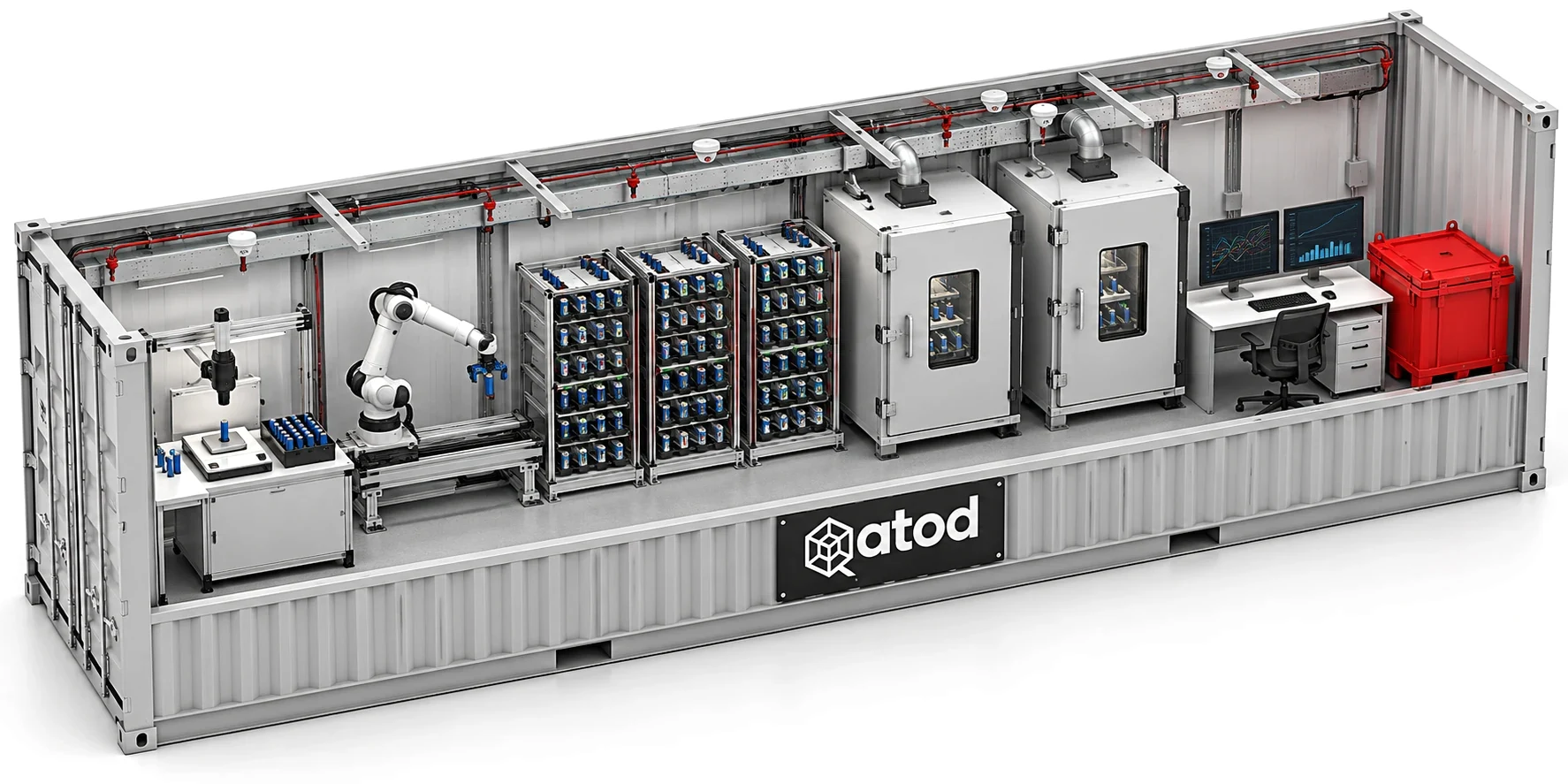 Cutaway illustration of a Qatod pod: a cell intake station, a robotic arm, three test racks, two climate chambers, a control desk and a red safety enclosure, all inside one shipping container.